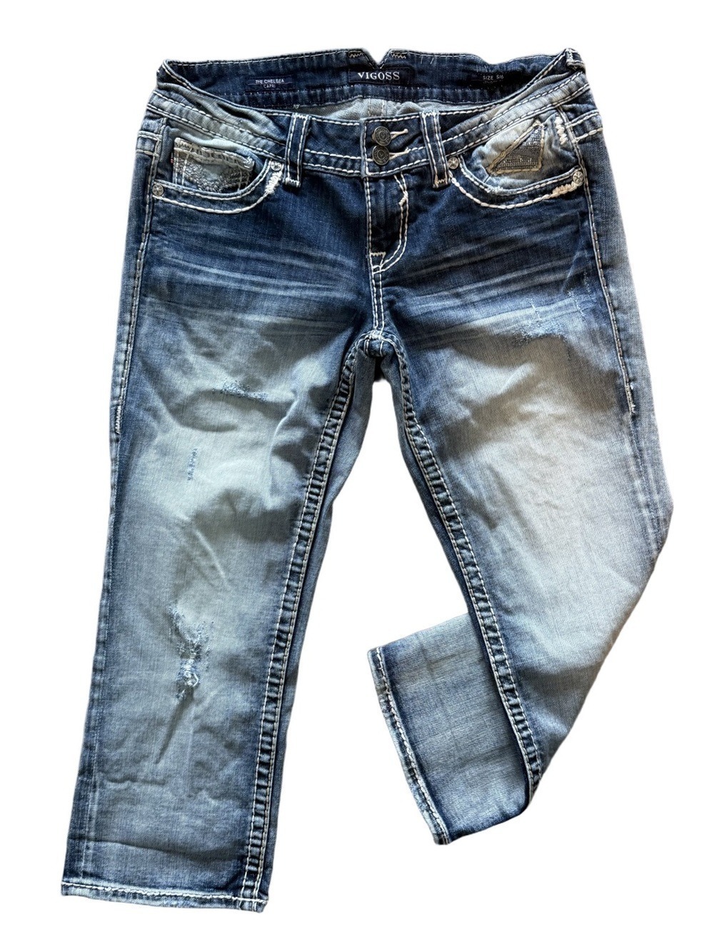 VIGOSS Chelsea Capri Jeans Low Rise Distressed Denim Size 5 6